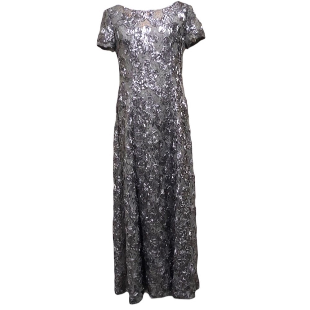 NWT Alex Evenings Gown Formal Maxi Dress Size 12 Gray Sequin Floral Rosette